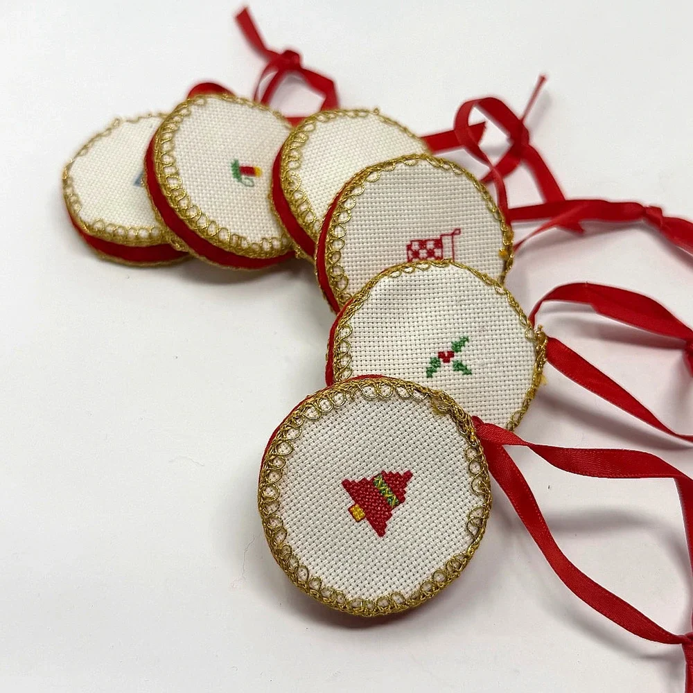 Lot of 6 Vintage Handmade Cross Stitch Christmas Ornaments 2